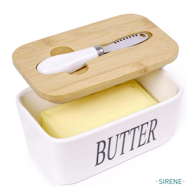 Sirene Butter Dish with Silicone Lid, Stainless Steel Multipurpose Butter Knife - White